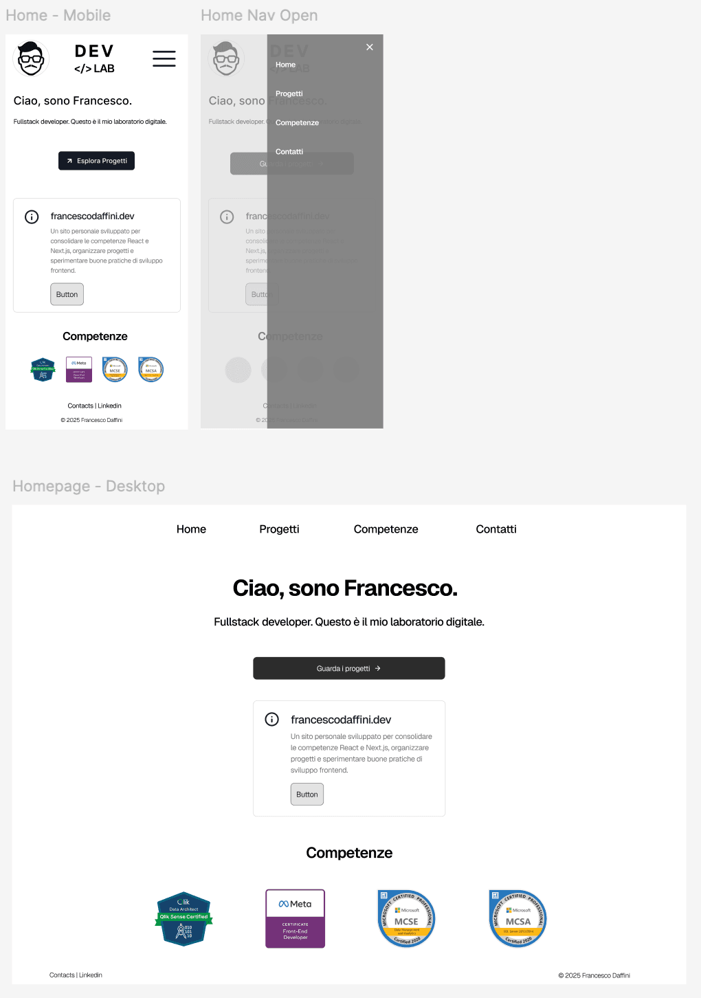 Mockup in Figma delle schermate della prima versione del sito.