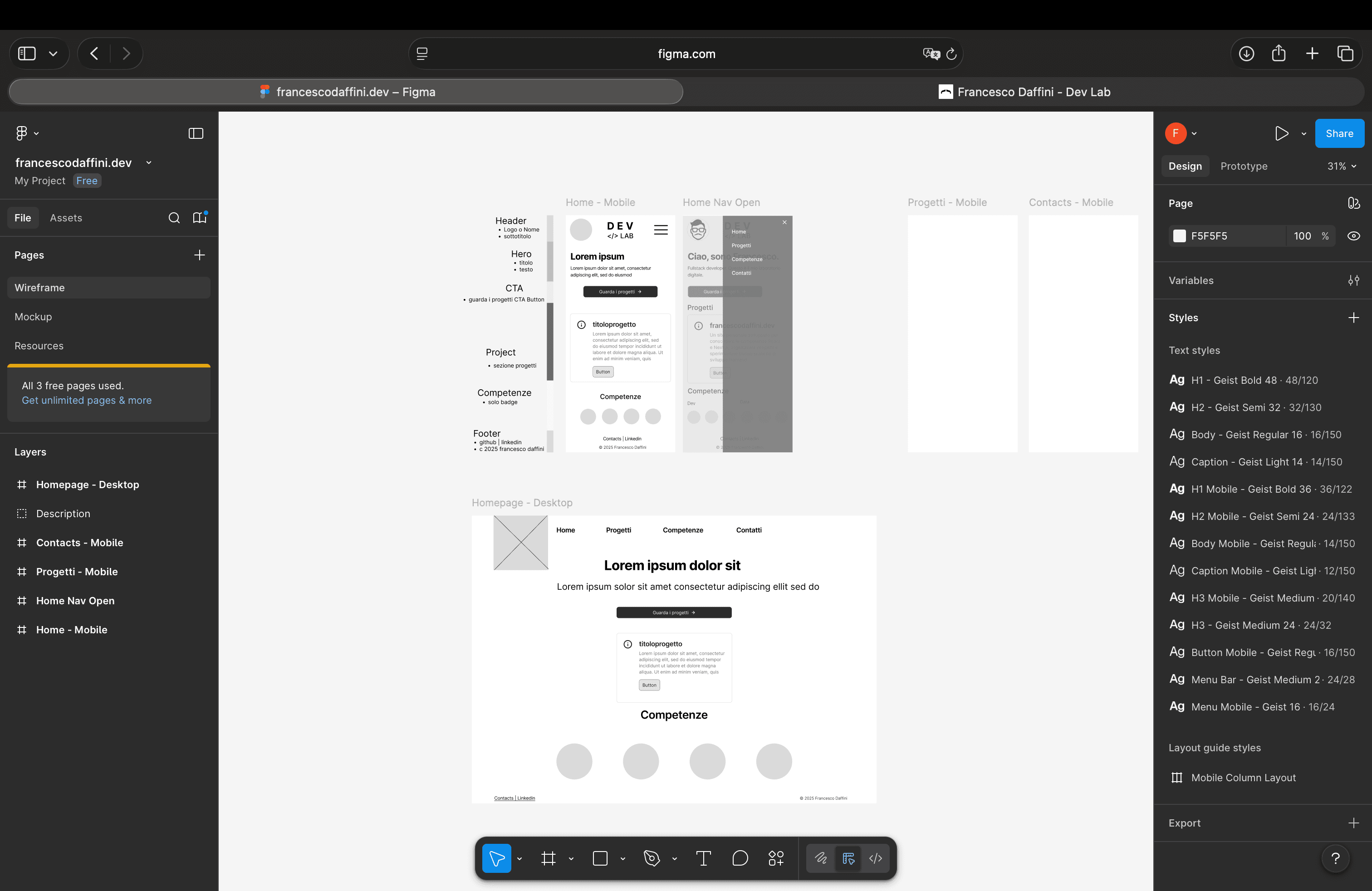 Schermata di Figma con i wireframe della prima versione del sito.
